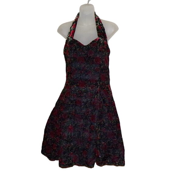 Vintage 90s Rampage Floral Velvet Halter Fit & Flare Tulle Mini Dress Size 9 - Picture 1 of 9